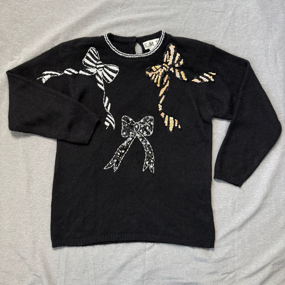 E.M.T Silk Angora Embellished Bow Sweater Black M Y2K